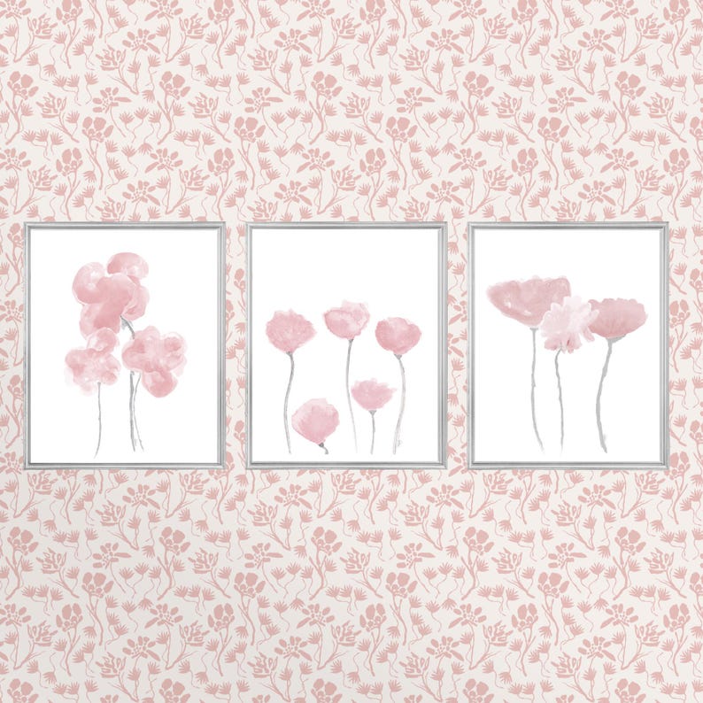 Pink Floral Wall Art, Pink Flower Prints, Pink Botanical Prints, Pink Wall Art, Set of 3, Botanical Triptych, Light Pink Floral Print Dusty Rose/Gry Stems