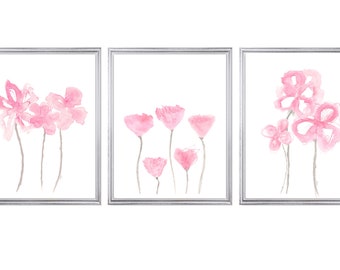 Contemporary Pink Flower Prints, Pink Wall Decor for Girls Bedroom, Pink Flower Nursery Prints, Set of 3, Pink Floral Artwork, Pink Bedroom