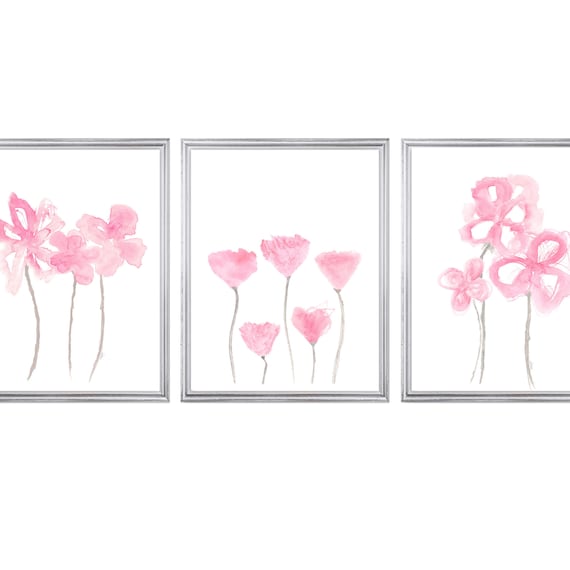 Contemporary Pink Wall Decor for Girls Bedroom, Set of 3 Pink Flower Prints