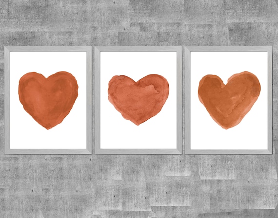 Burnt Orange Heart Prints for Dorm Room,  Set of 3