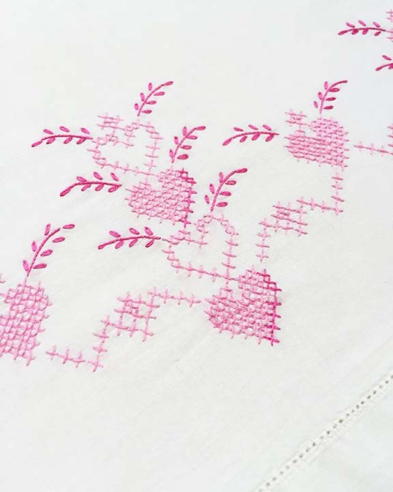 Pink Vintage Pillowcasepink Hearts Cross Stitch Pillowcase Etsy