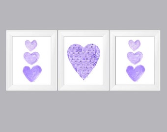 Purple Wall Decor, Set of 3 Watercolor Prints, Purple Nursery Decor,  Purple Girls Room, Girls Wall Decor, Purple Hearts, Purple Art