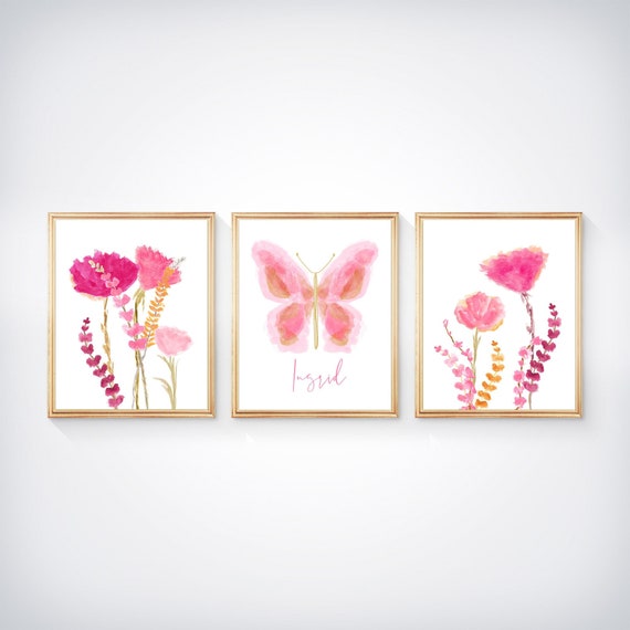 Pink Flowers and Butterfly, Set of 3 Prints for Nature Themed Bedroom or Nursery