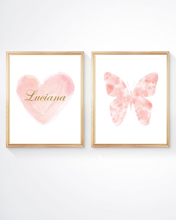 Blush Girls Decor, 8x10 Set of 2  Butterfly and Heart Prints