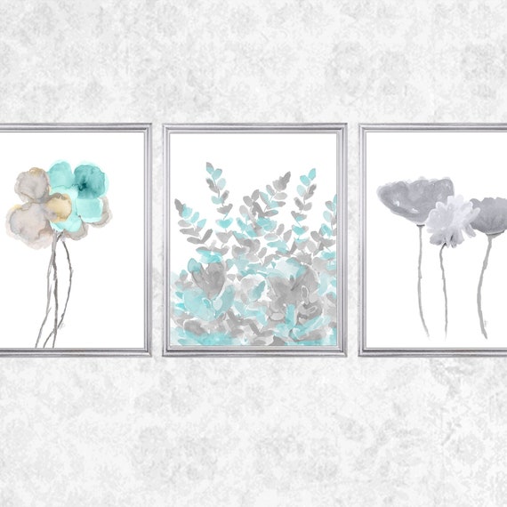 Aqua and Gray Wall Decor, Set of 3 Floral Watercolor Prints