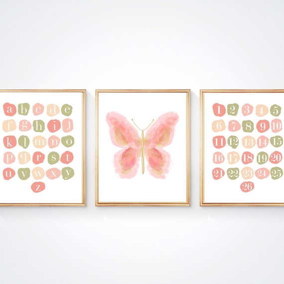 Blush and Sage Artwork with ABC, 123 and Butterfly, Print Set of 2 or 3