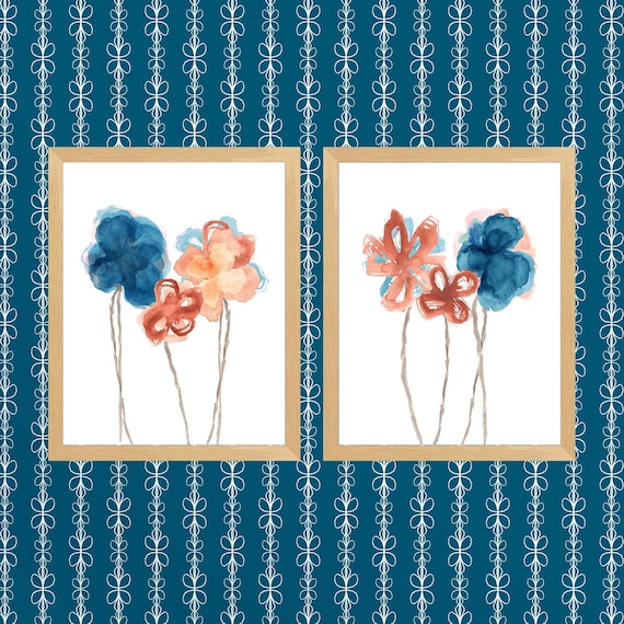 Farmhouse Wall Decor; Set of 2 Watercolor Flower Prints