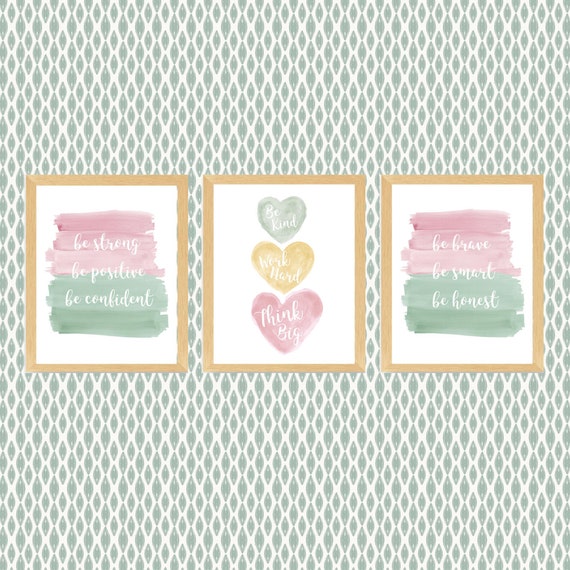 Sage and Rose Pink Tween Girl Room Decor, Set of 3 Prints