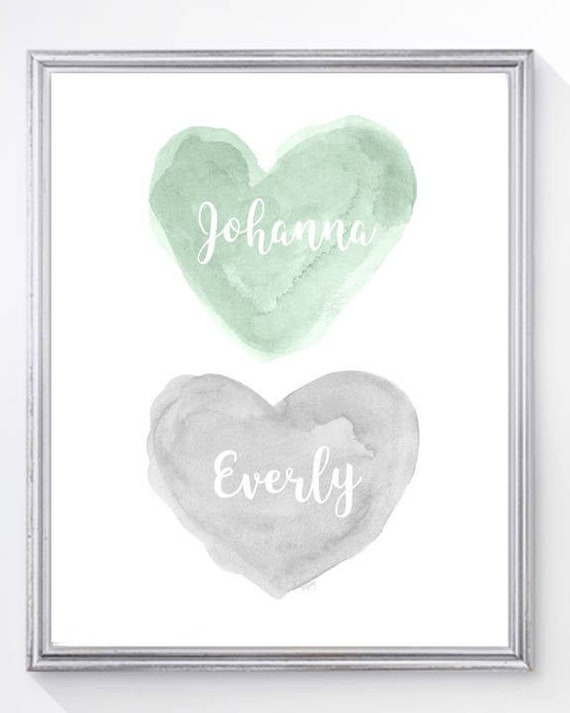 Mint and Gray Nursery Art; Personalized Heart Print with Names