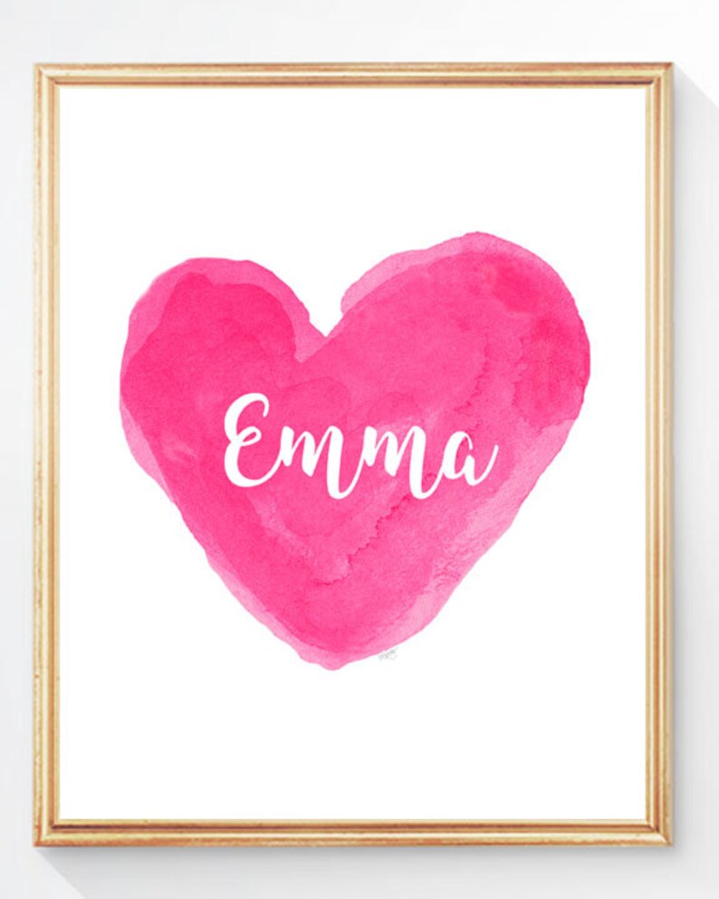 May include: A pink watercolor heart with the name "Emma" written in white inside.