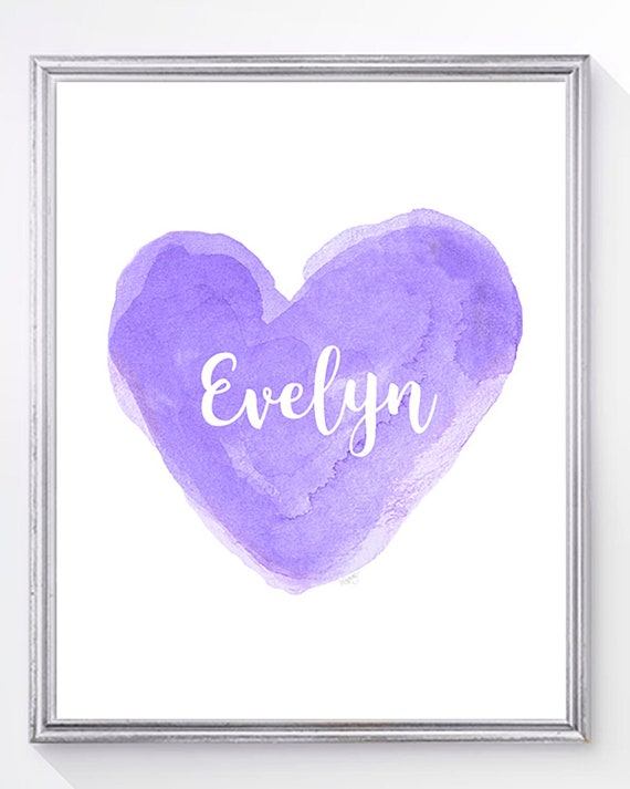 Purple Name Print for Girl, Watercolor Heart in 21 Colors