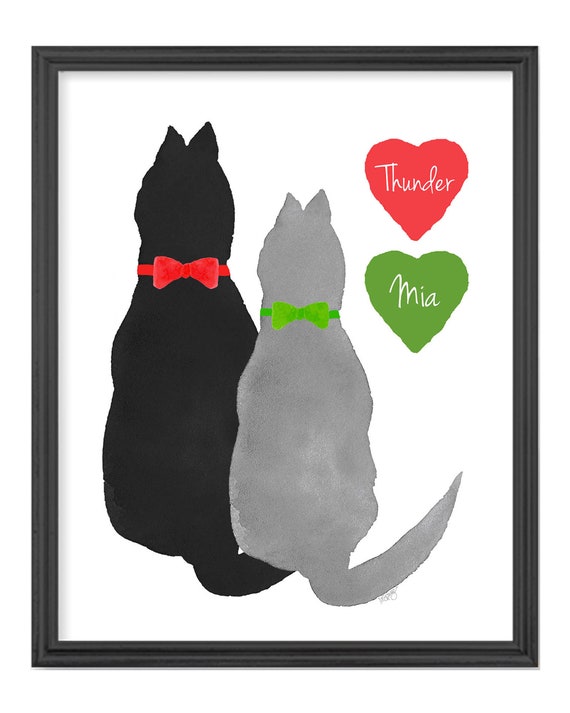 Two Cats Christmas Gift, Personalized Art Print