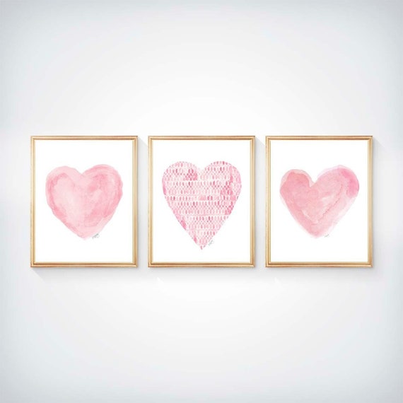 Pink Nursery Decor, Set of 3 Pink Watercolor Heart Prints