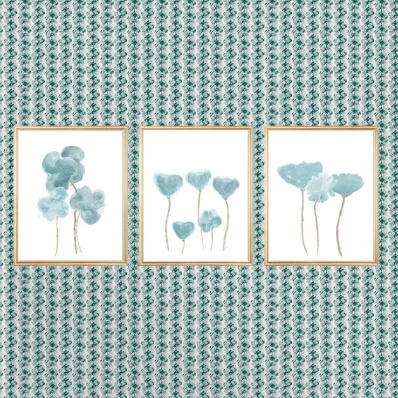 Teal Wall Decor, Set of 3 Watercolor Floral Prints