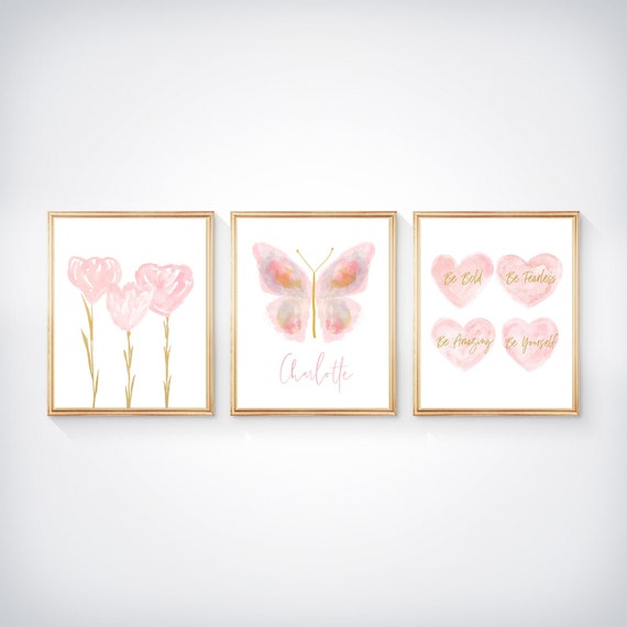 Blush Butterfly Wall Decor, Set of 3 Personalized Flowers and Heart Prints