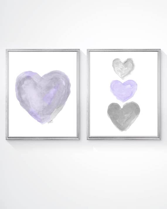 Purple and Gray Nursery Prints, Set 2 Heart Prints