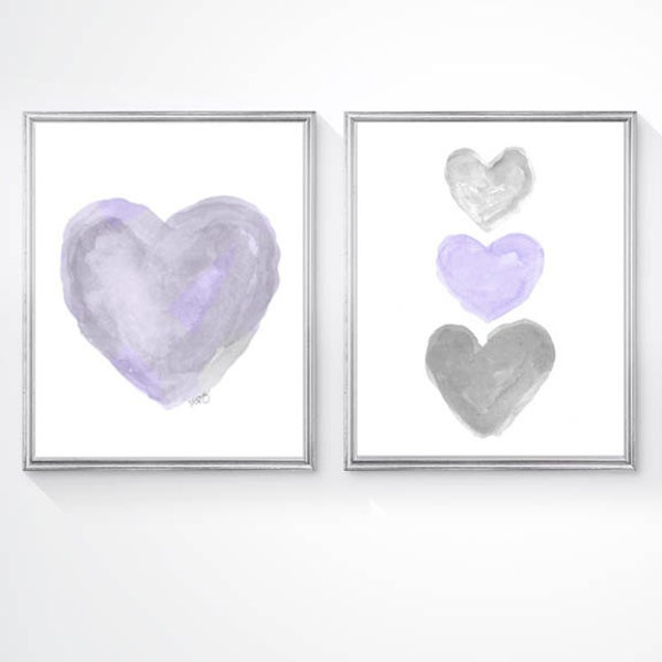 Purple and Gray Heart prints, Set 2 Watercolor Prints, Lavender and Gray Wall Art,  Lavender Nursery Decor, Lavender and Gray Bedroom Decor