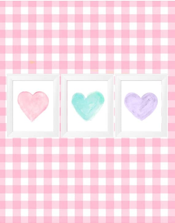 Pastel Nursery Decor, Set of 3 Watercolor Heart Prints