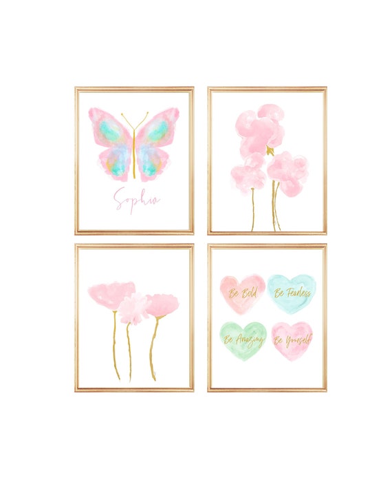 Pastel Butterfly and Pink Flowers, Print Set of for Girls Bedroom