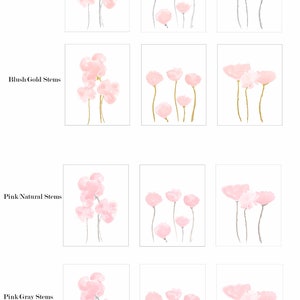 Pu&ograve; includere: Sei illustrazioni digitali di fiori rosa ad acquerello con steli di diversi colori. Gli steli sono naturali, grigi, dorati, naturali, grigi e dorati. I fiori sono disposti in un gruppo di tre.