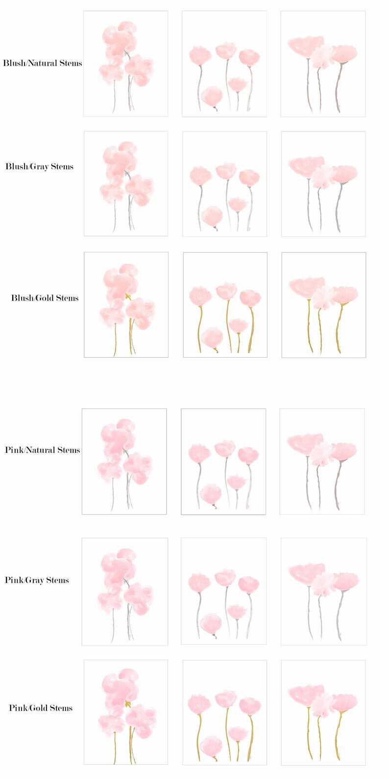 Pu&ograve; includere: Sei illustrazioni digitali di fiori rosa ad acquerello con steli di diversi colori. Gli steli sono naturali, grigi, dorati, naturali, grigi e dorati. I fiori sono disposti in un gruppo di tre.