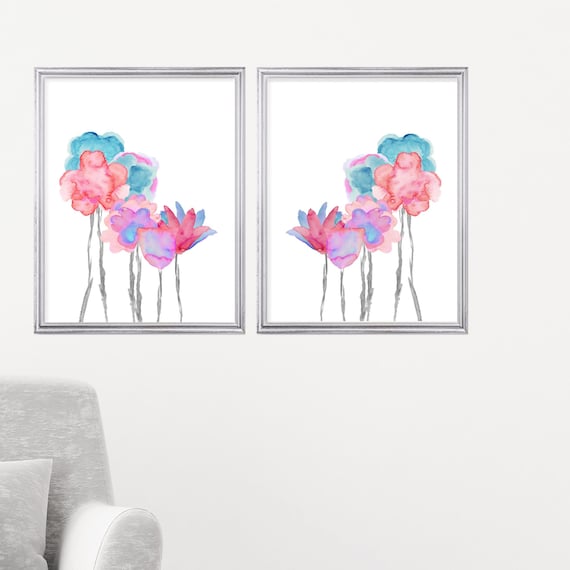Aqua and Coral Floral Artwork, 16x20 Set of 2 Large Flower Prints for Girls Bedroom