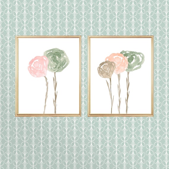 Sage and Blush Pink Floral Artwork, Set of 2 Cottage Floral Prints