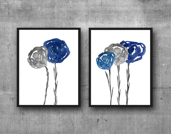 Indigo and Gray Wall Decor-Set of 2 Floral Prints