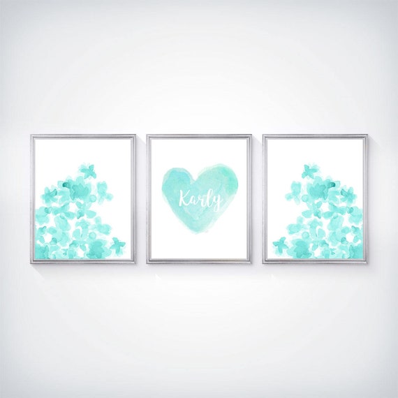 Aqua Girls Room Print Set, Set of 3 Flowers and Heart