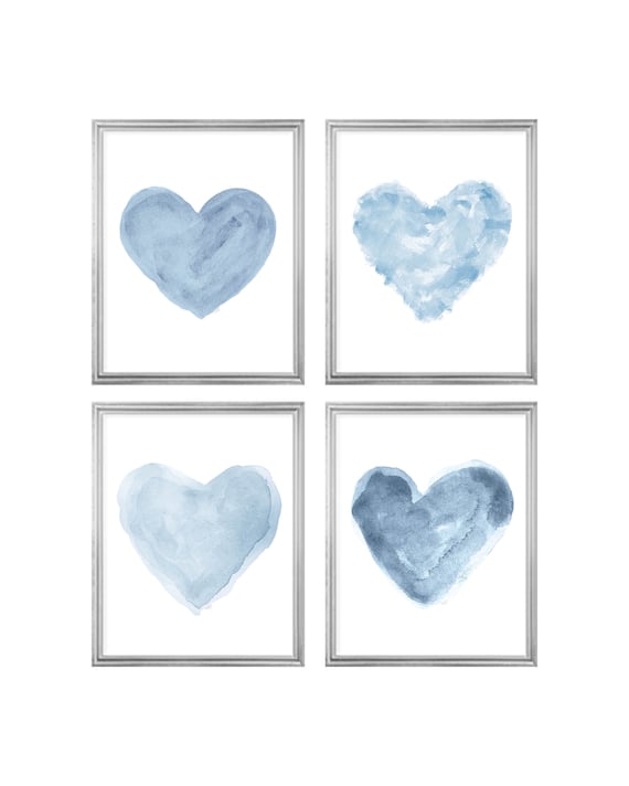 Denim Blue Heart Prints, Set 4 Watercolor Hearts, Blue Heart Gallery Wall,  Blue Nursery Decor, Denim Blue Wall Decor, Denim Blue Prints 