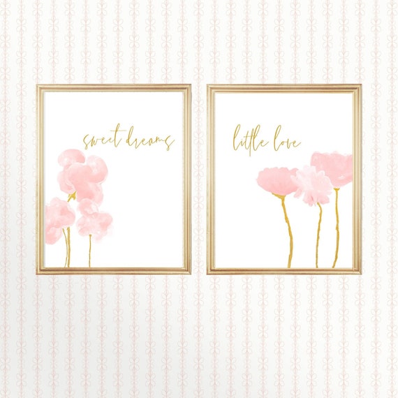 Sweet Dreams Artwork; Set of 2 Blush and Gold Flower Prints for Nursery