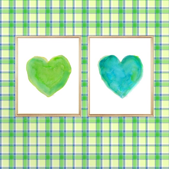 Lime Green And Turquoise Art, Set of 2 - 8x10 Heart Prints