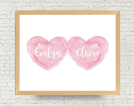 Sisters Artwork in Pink, Personalized Heart Print