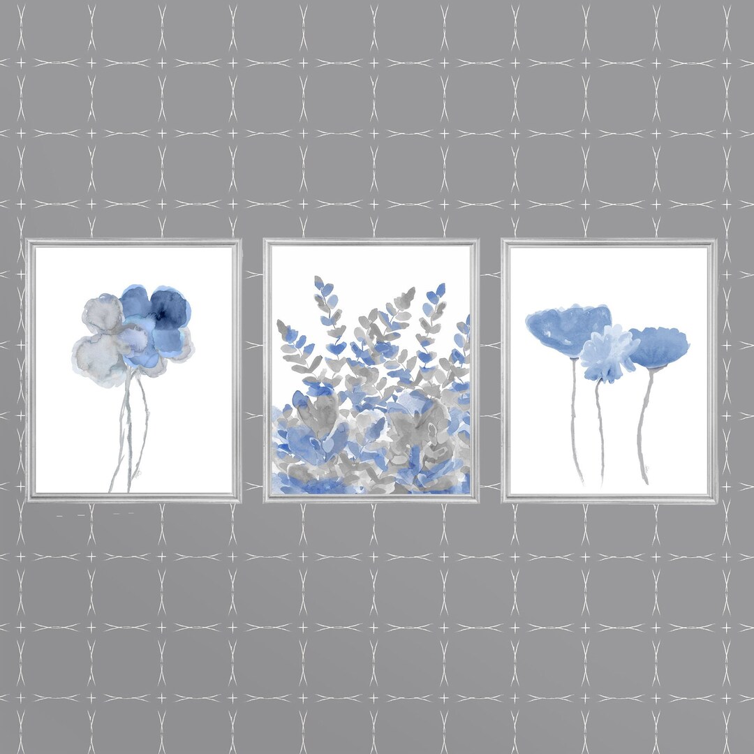 Blue Gray Wall Decor, Set of 3 Watercolor Prints, Blue and Gray Prints ...