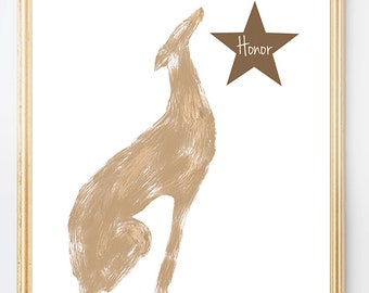 May include: A brown illustration of a dog sitting and looking up at a brown star with the word "Honor" written on it.