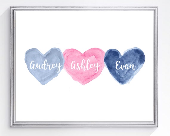 Pink and Navy Decor for Brother Sister, 8x10 Personalized Hearts Print for Triplets