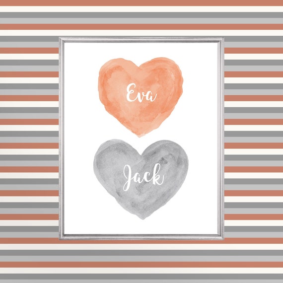 Terracotta and Gray Kids Room Decor; Personalized Heart Print for Brother and Sister