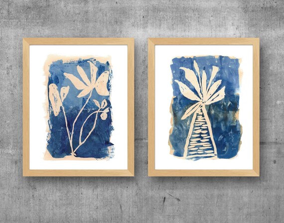 Blue Wall Decor for Office; Contemporary Indigo Botanical Prints