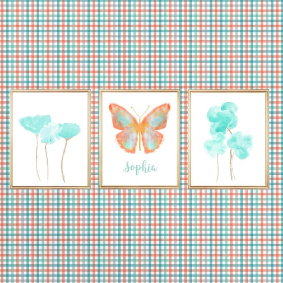 Coral and Aqua Girls Wall Decor, Set of 3 Abstract Butterfly and Flower Prints for Tween Bedroom