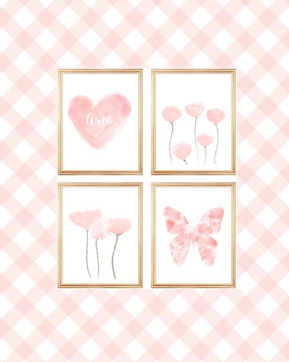 Blush Flowers and Hearts Gallery Wall, Set of 4 Watercolor Prints