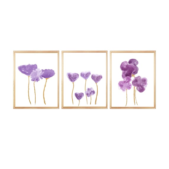 Plum and Gold Wall Decor, Set of 3 Flower Prints