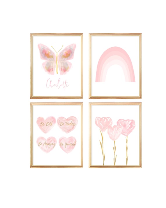 Blush and Gold Butterfly Gallery Wall, Set of 4 Girls Prints