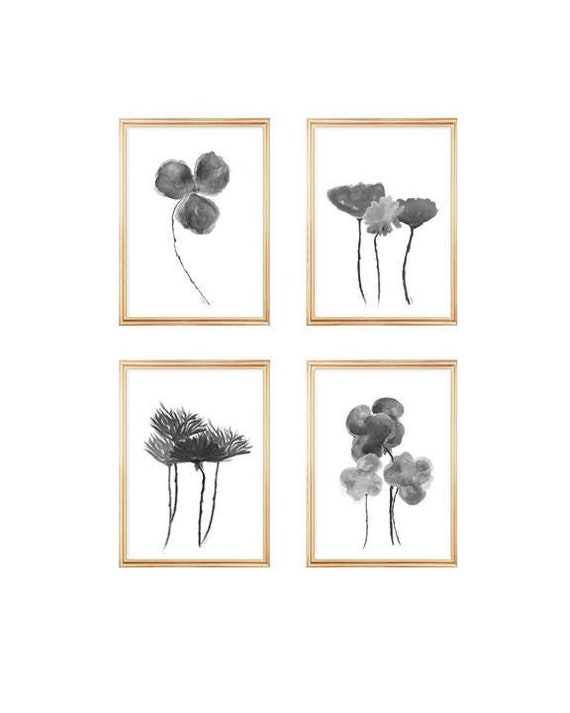 Black Botanical Gallery, Gray Botanical Gallery, Set of 4, Black and White Flower Prints, Black Floral Prints, Black Living Room Art