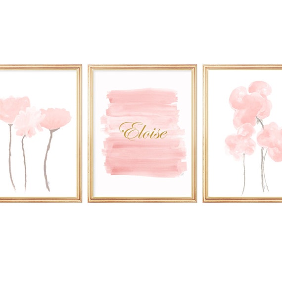 Blush Flowers Artwork, Set of 3 Personalized Prints for Baby Room