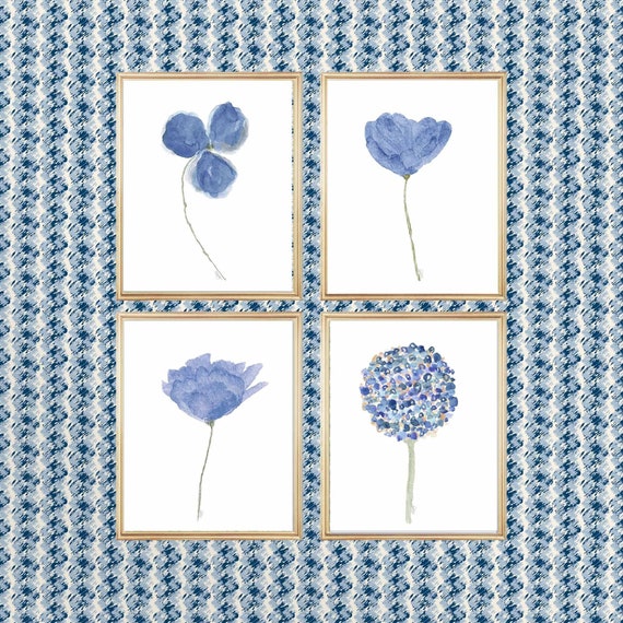 Denim Blue Watercolor Flowers Print Set, 8x10