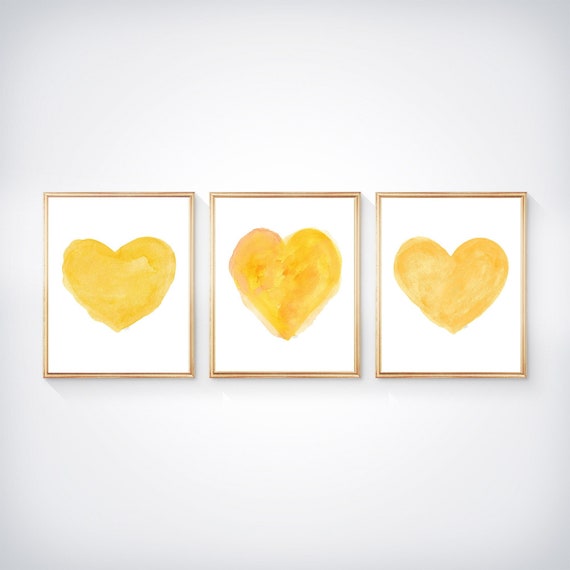 Yellow Heart Prints, Set of 3, Yellow Wall Decor, Yellow Nursery, Yellow Girls Room, Bright Yellow Artwork, Golden Yellow Wall Art