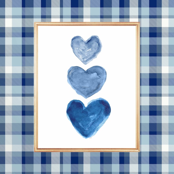 Indigo Watercolor Print, Heart Trio