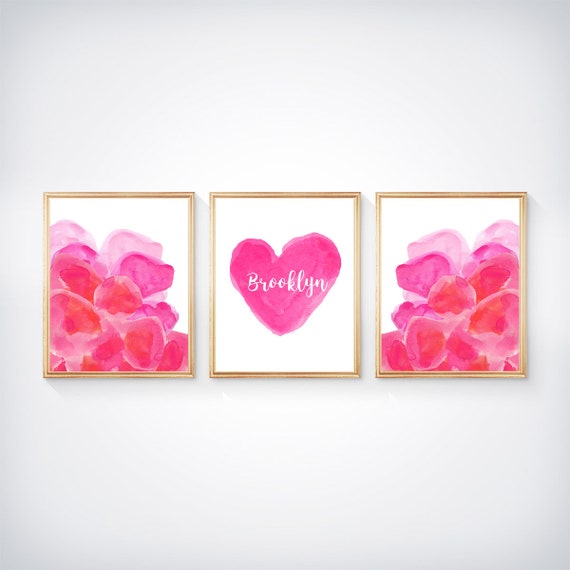 Modern Watercolor Print Set for Girls, Set of 3 Hot Pink Watercolor Flowers and Personalized Heart