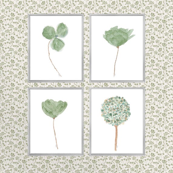 Sage Green Watercolor Flowers Print Set, 8x10