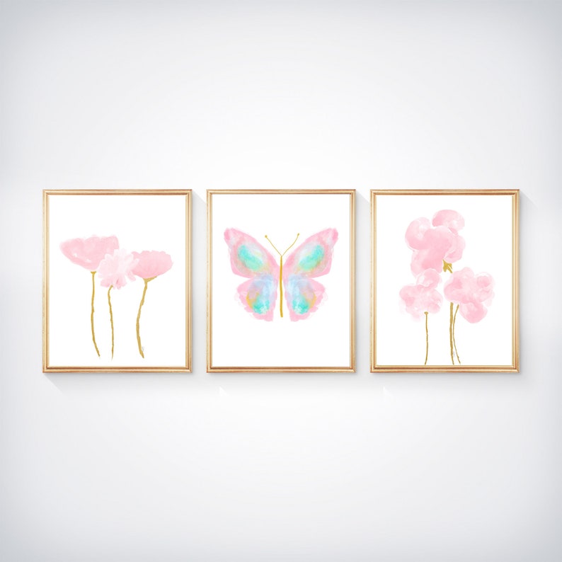 Kids Cottagecore Wall Art, Pastel Butterfly Artwork With Pink Flowers